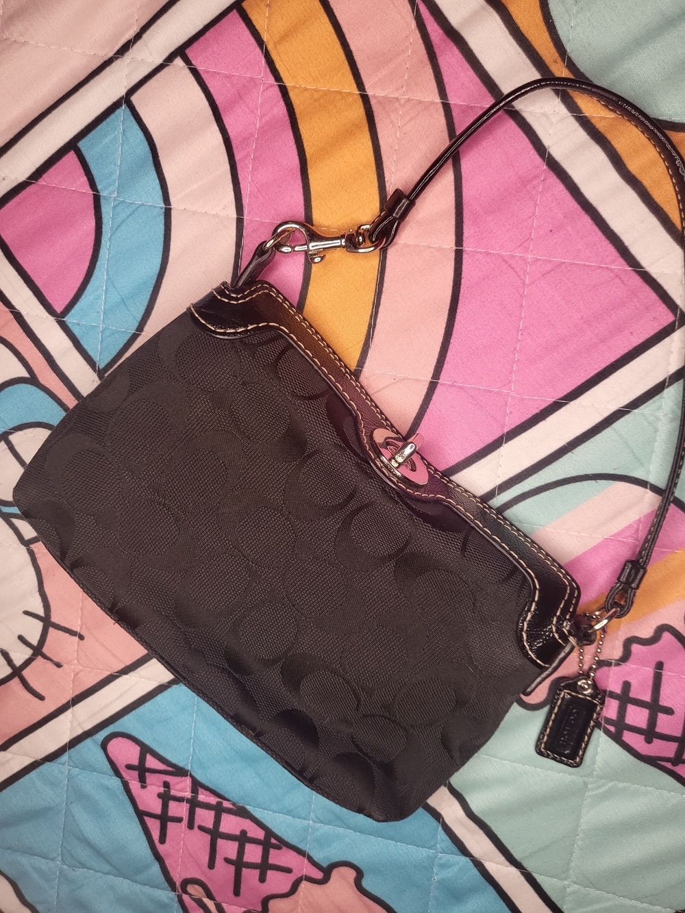 Coach Legacy 2-way Black Monogram Wristlet Bag Top Turnlock Mini Purse